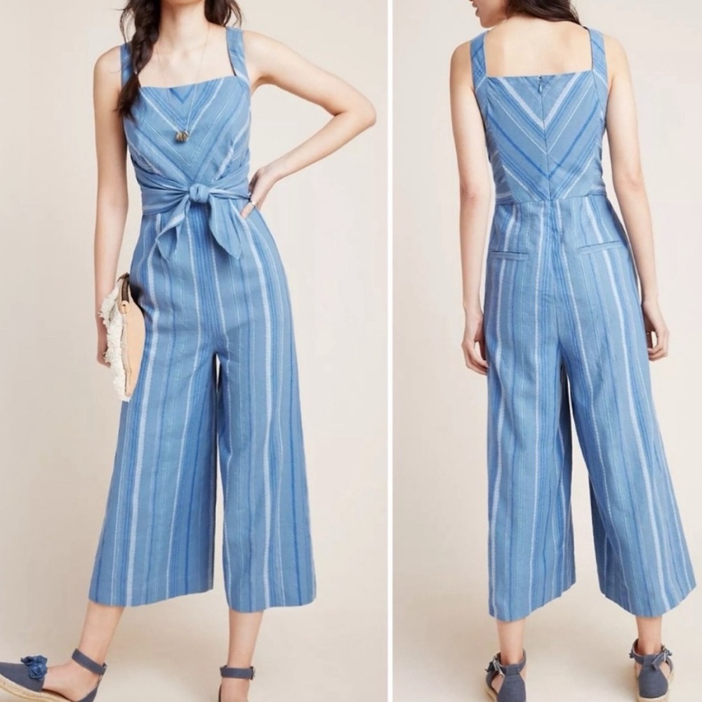 Anthropologie lacuna striped blue white jumpsuit belted size 10